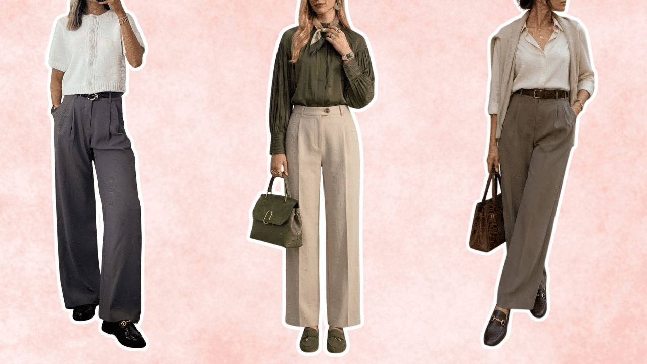 three women styling loafers with wide leg tailored trousers elegant blouses and structured handbags for workwear