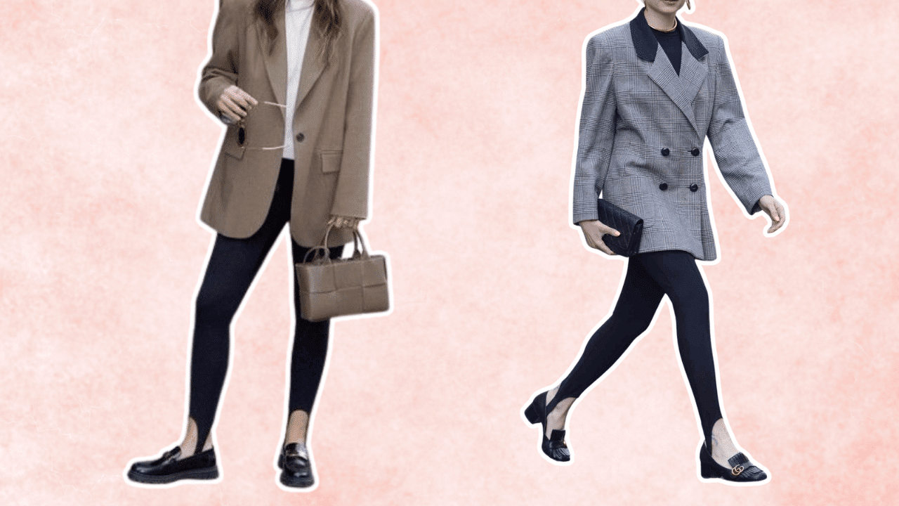 two women styling black loafers with fitted leggings oversized blazers and structured handbags for smart casual outfits