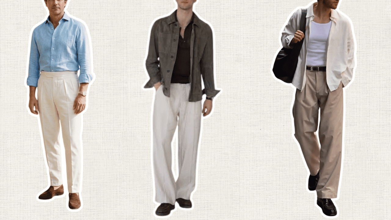 three men styling brown and black loafers with relaxed linen trousers and lightweight shirts in neutral colors