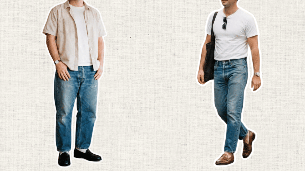 two men styling loafers with straight-leg jeans and simple shirts for relaxed casual outfits