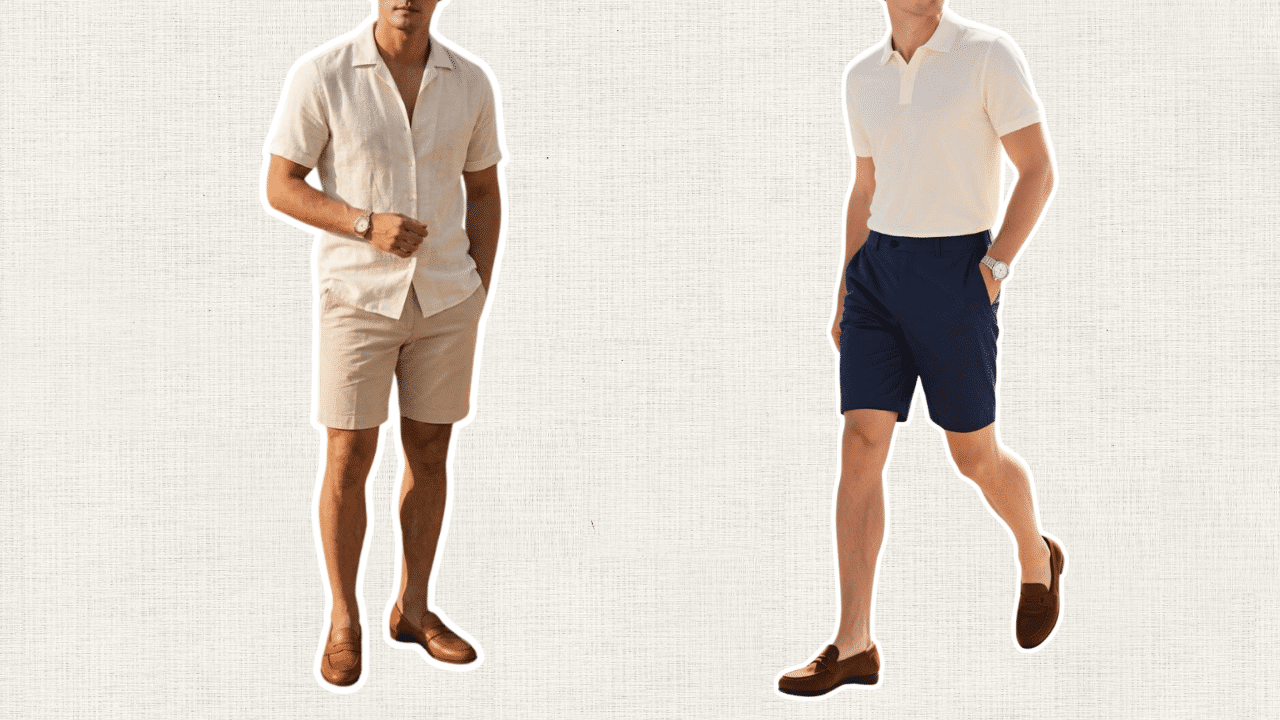 two men wearing brown loafers with tailored shorts and light shirts for polished summer style