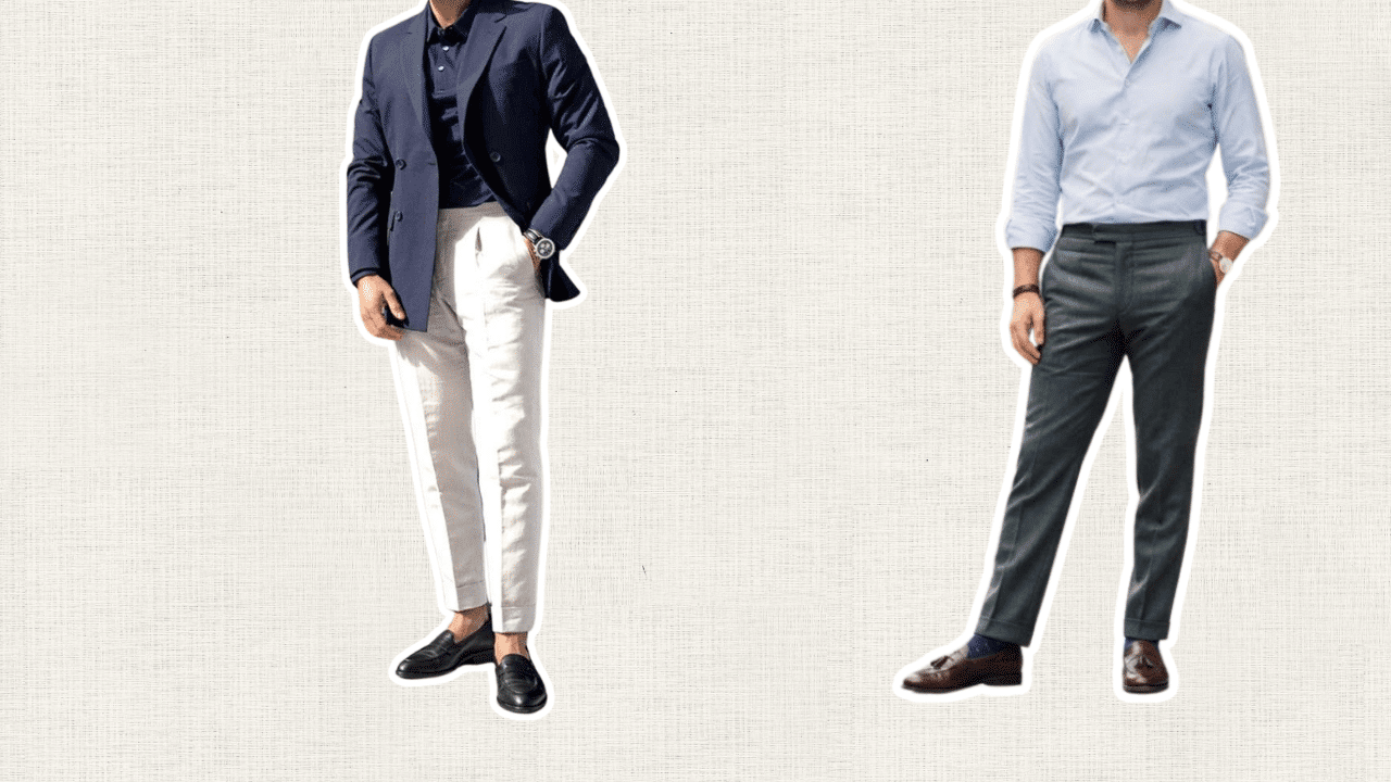 two men styling loafers with tailored trousers and smart shirts for polished semi-formal outfits