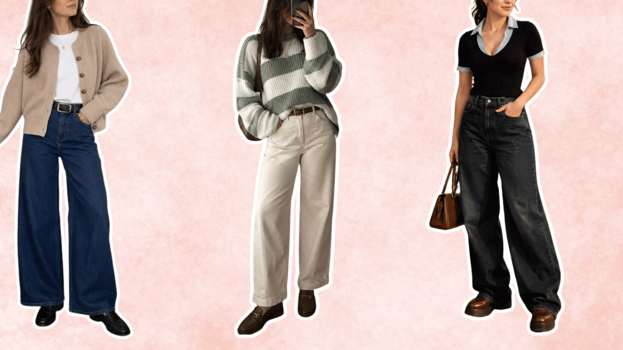 three women styling loafers with wide-leg jeans sweaters and layered tops for casual everyday outfits
