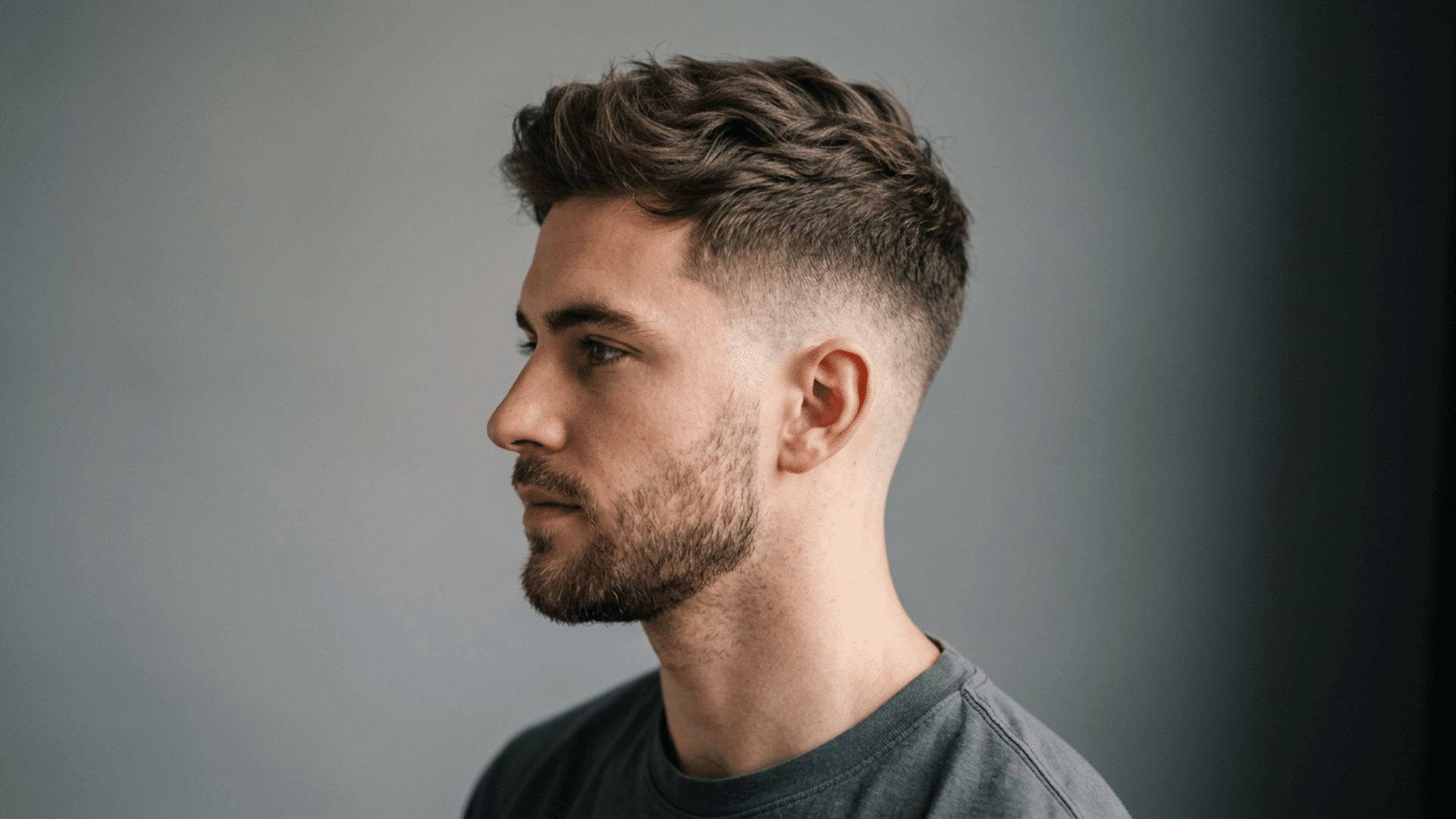 man in profile with a long textured crew cut featuring a wavy top and clean faded sides against a gray background