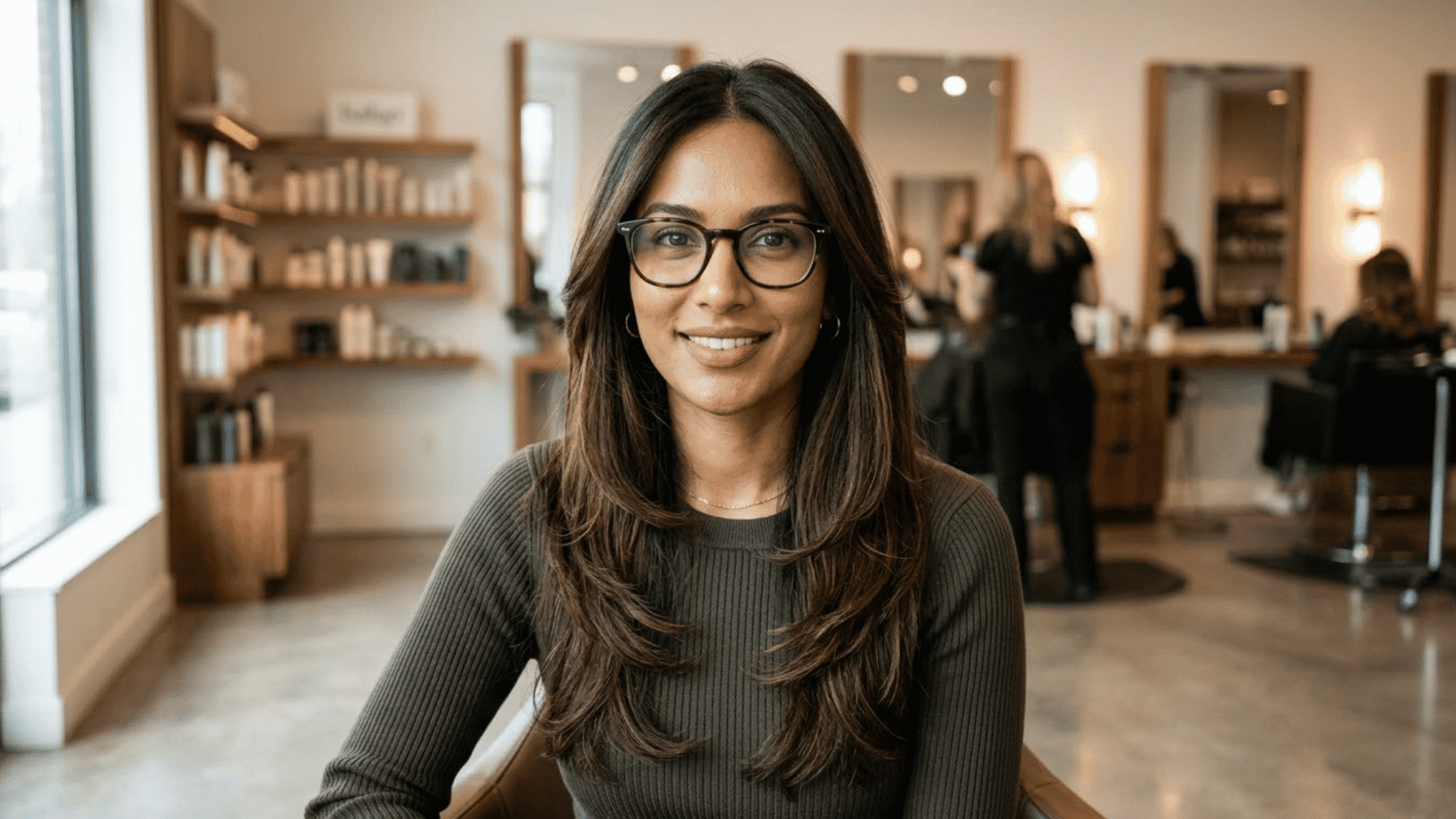 a woman with a heart-shaped face and glasses relaxes in a salon with her stylish long face-framing layers