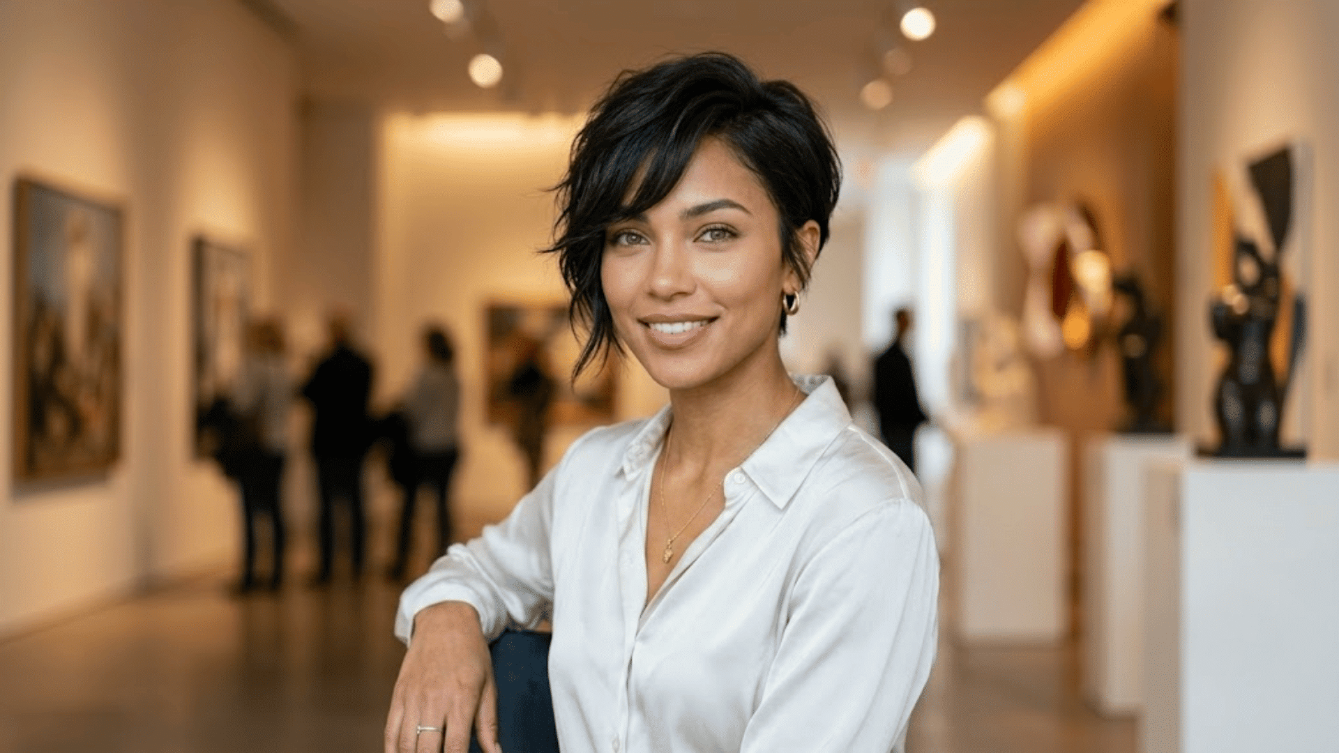 woman with heart shaped face wearing long pixie haircut with side fringe