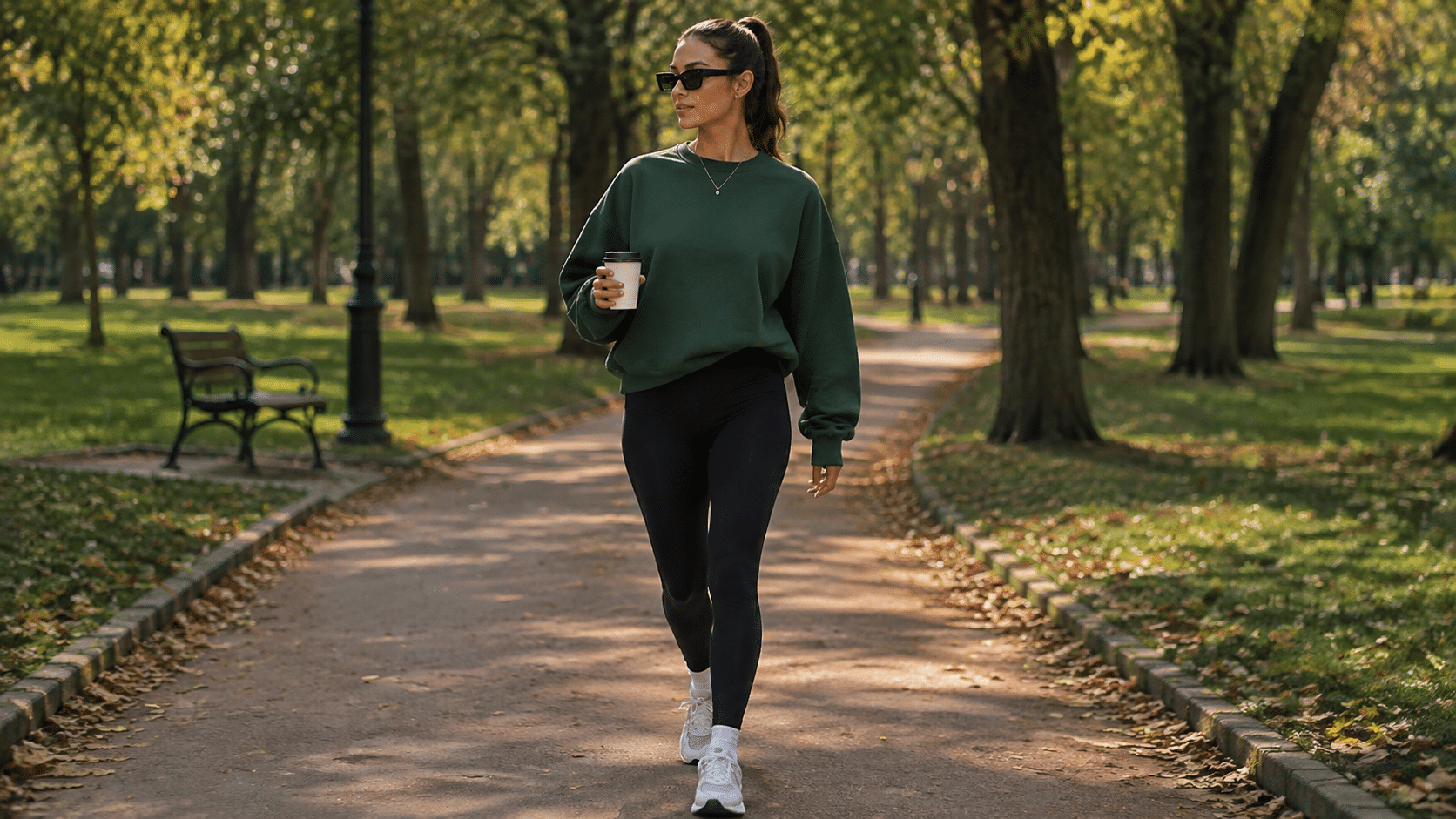 long sleeve top with black leggings and white sneakers styled for a casual neutral everyday outfit look
