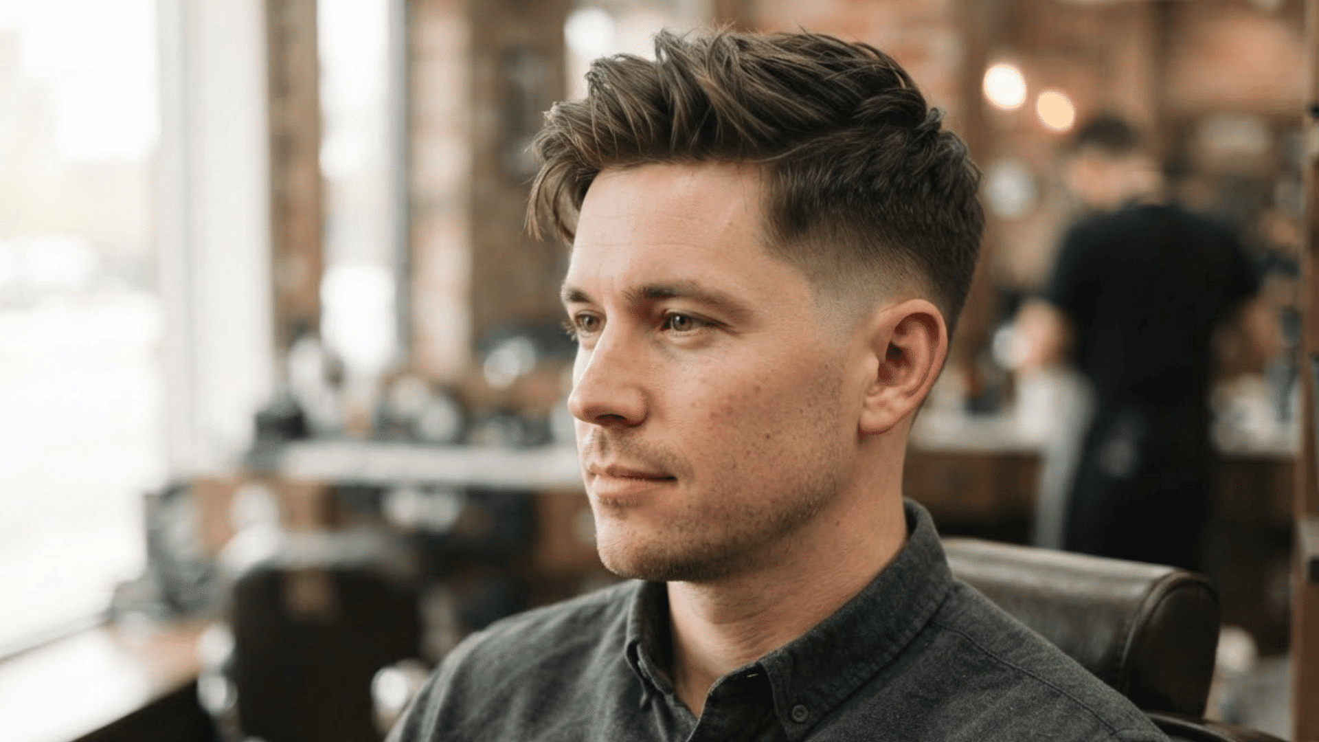 adult man showing a long top crew cut with sideways flow and closely blended sides in a modern barbershop