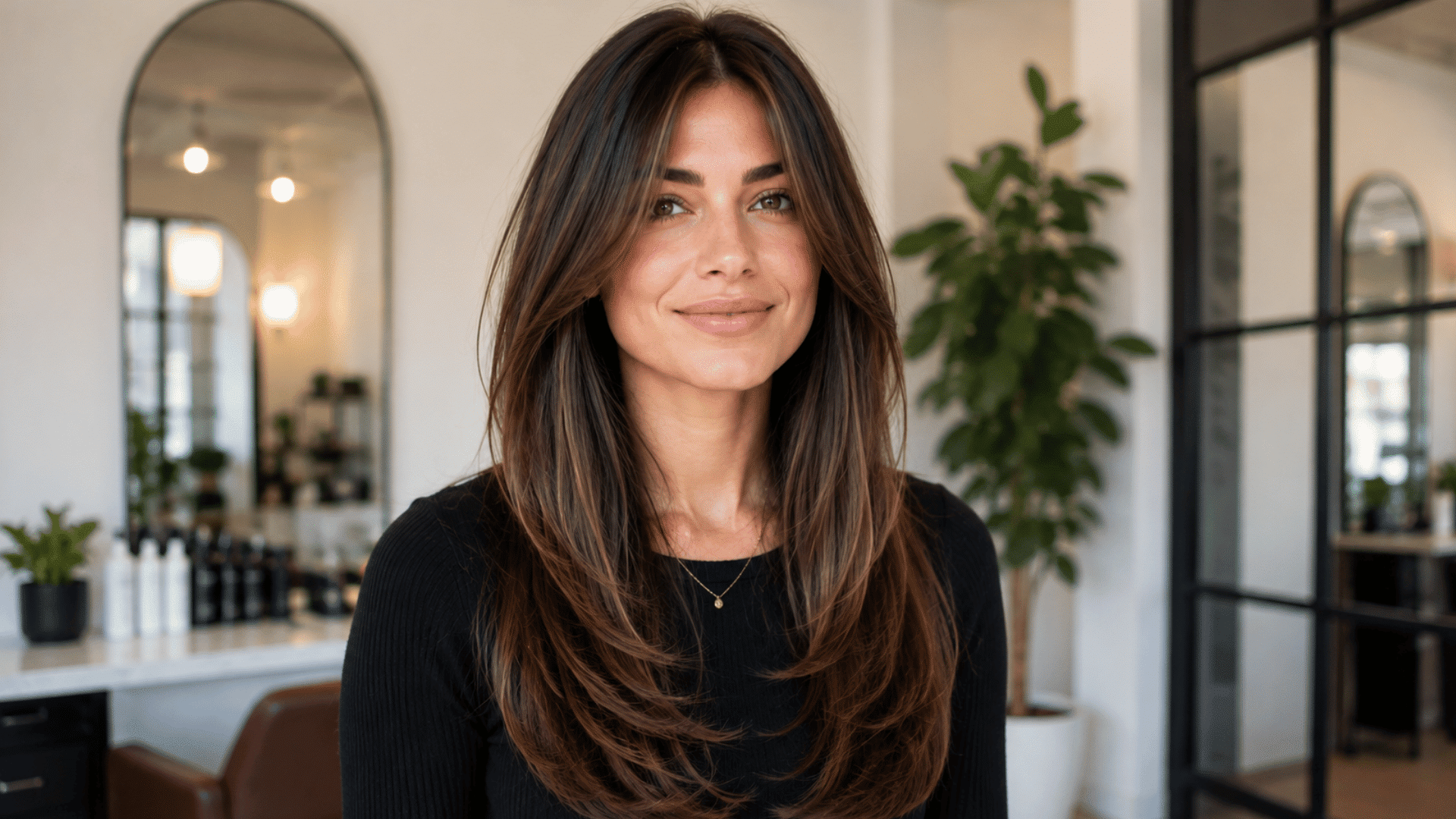 woman with heart shaped face wearing long u shaped haircut with layers