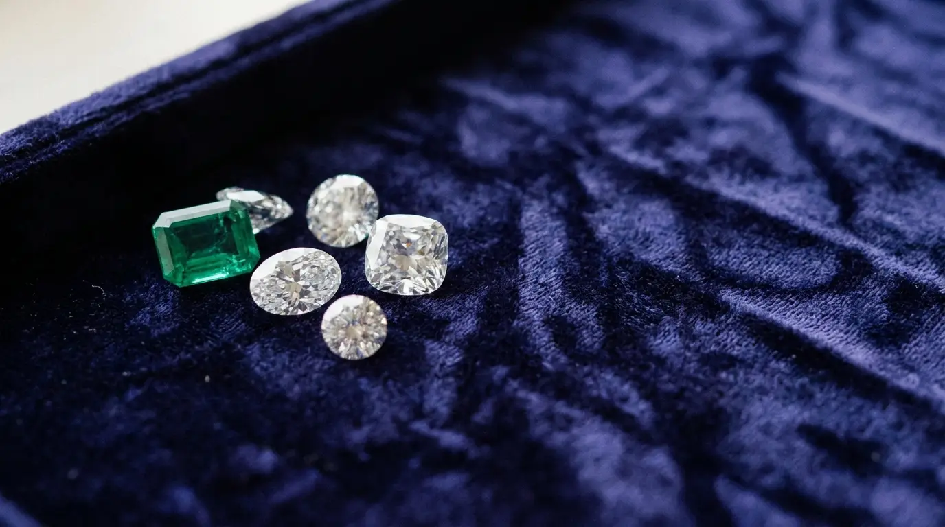 Emerald and diamonds on dark blue velvet surface in close-up view