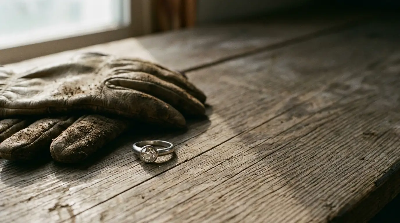 Worn leather gloves and diamond ring on rustic wooden table near window