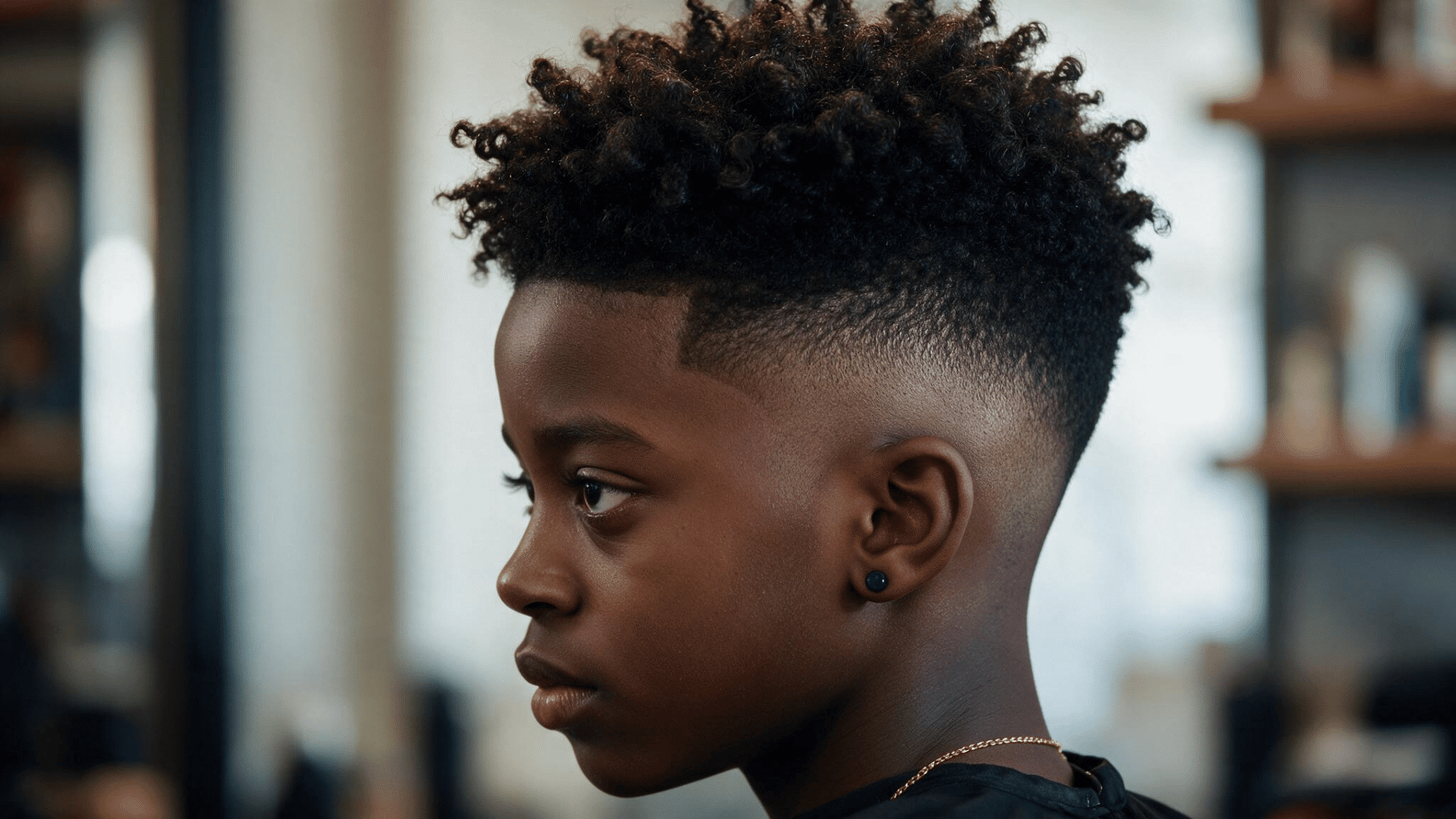 mixed boy haircut with natural curls on top and a clean low taper fade on the sides