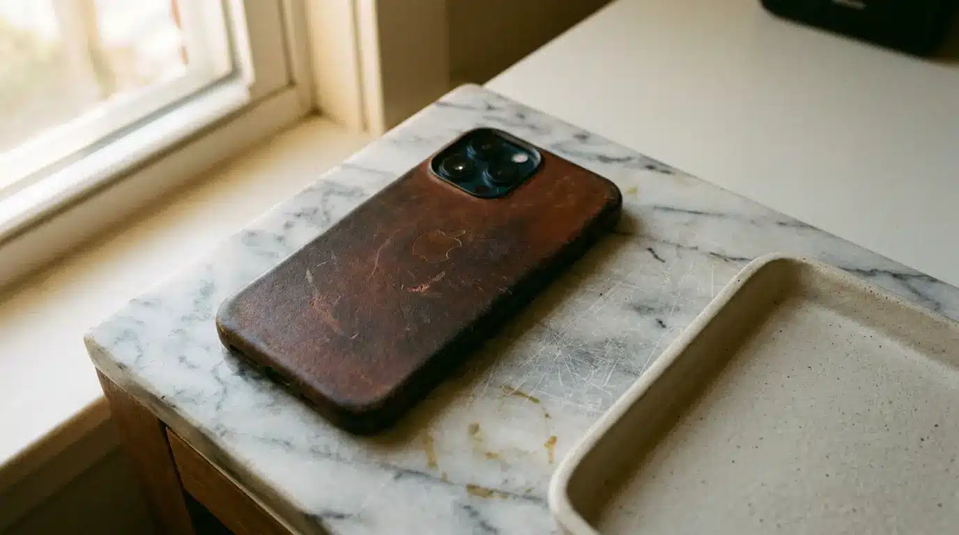 Smartphone with leather case on marble countertop next to window in bright setting