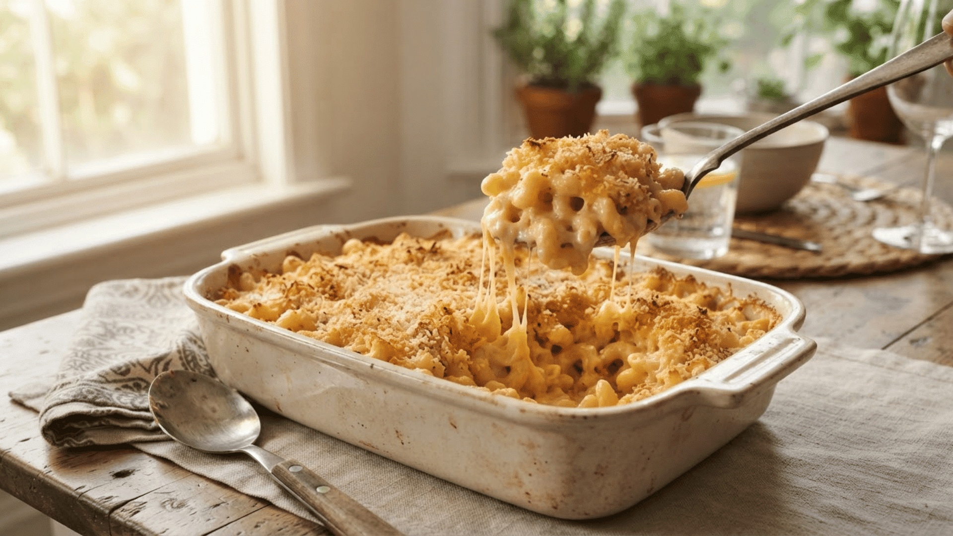 creamy baked macaroni and cheese with a golden breadcrumb topping served from a casserole dish