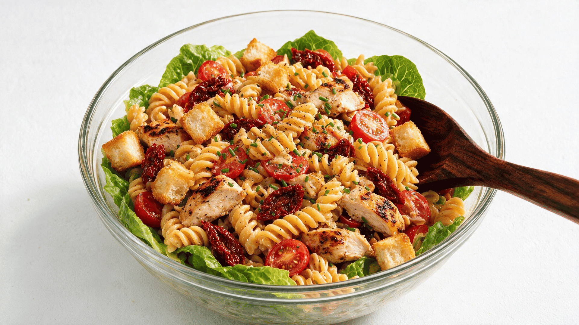 hicken pasta salad with rotini, tomatoes, sun-dried tomatoes, croutons, and lettuce in a bowl
