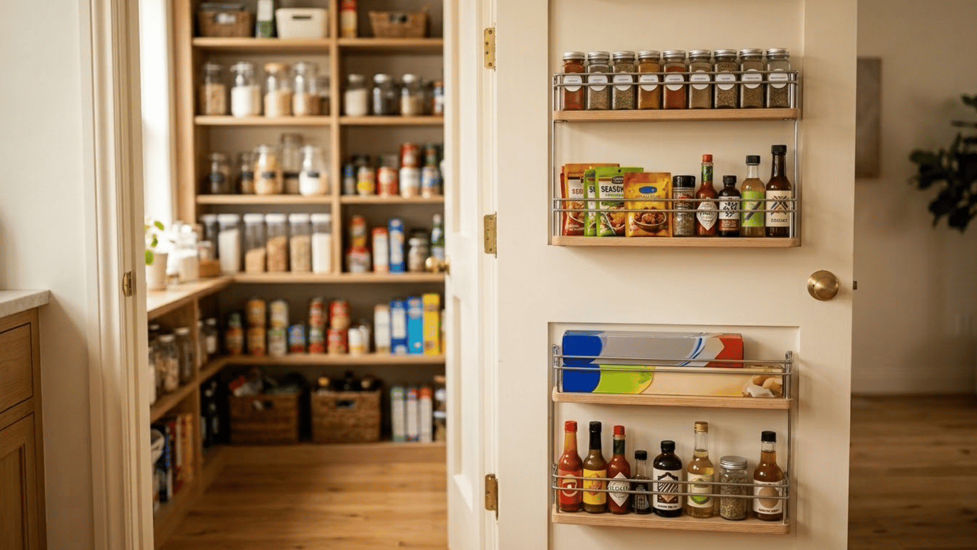 pantry door storage rack holding spices packets wraps and small bottles in a compact kitchen space