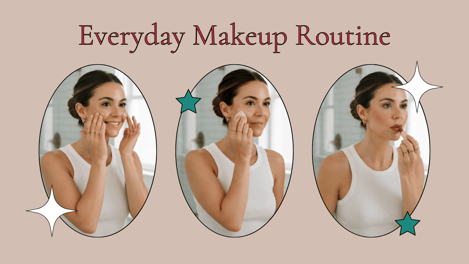 woman shown applying skincare base makeup and lipstick in three steps for an everyday makeup routine
