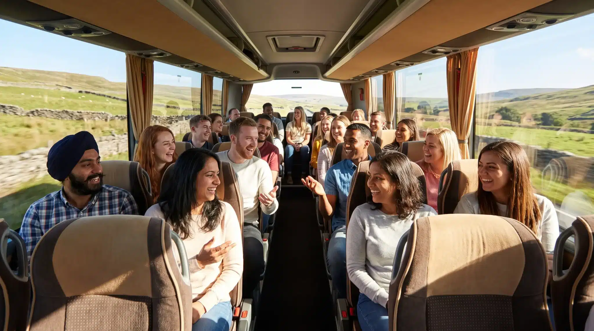 Passengers smiling and talking on a bus journey through scenic countryside landscape