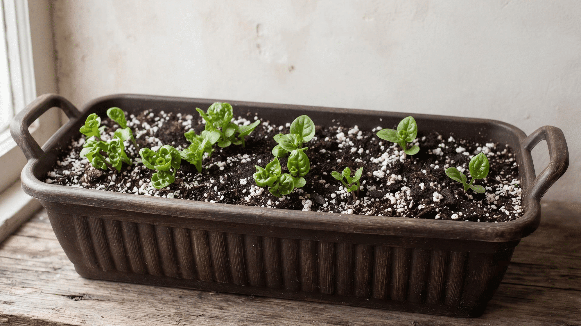 young spinach plants growing in a rectangular container filled with rich soil