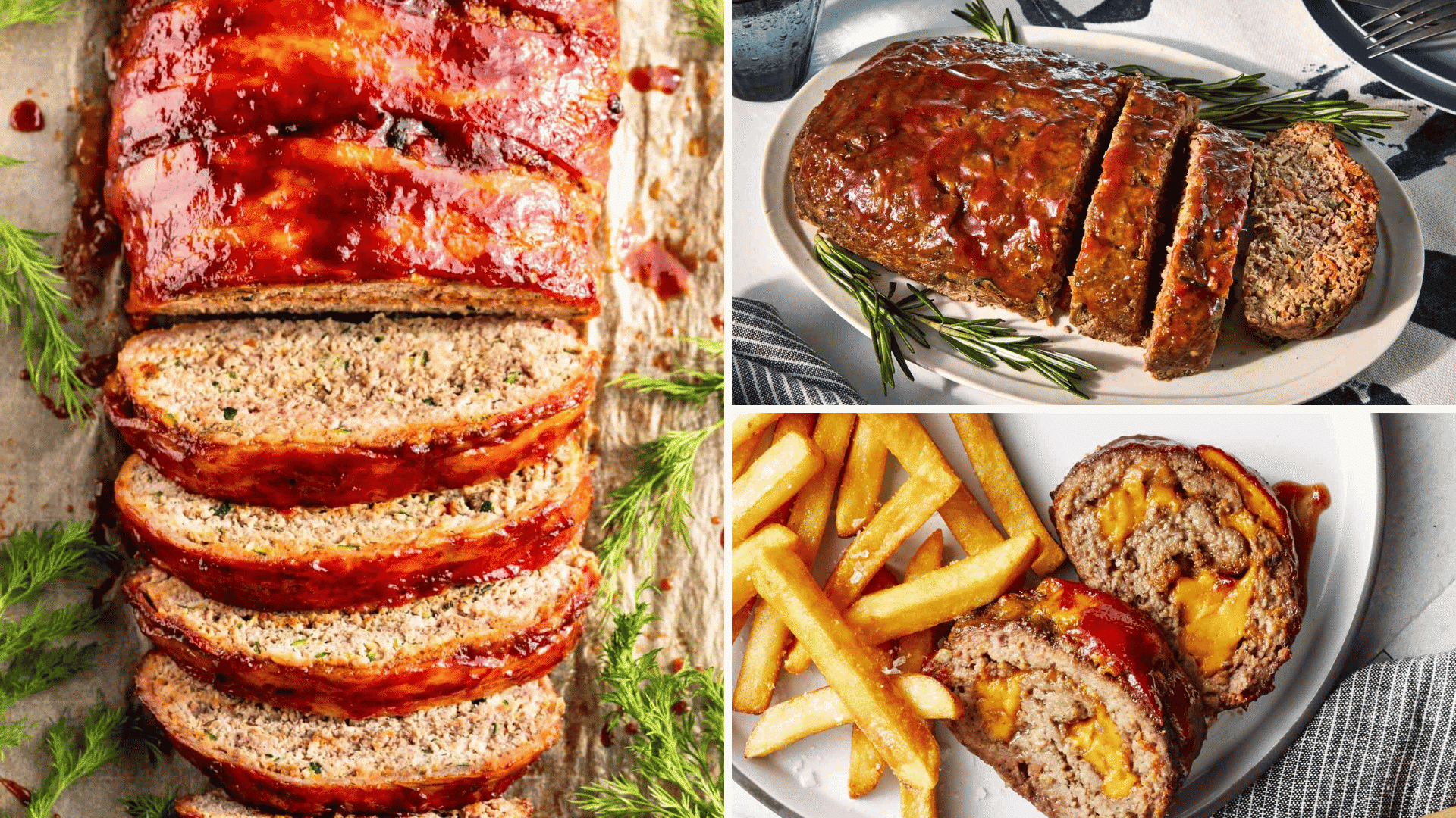 sliced meatloaf collage showing glaze french fries and cheese stuffed portion on serving platters