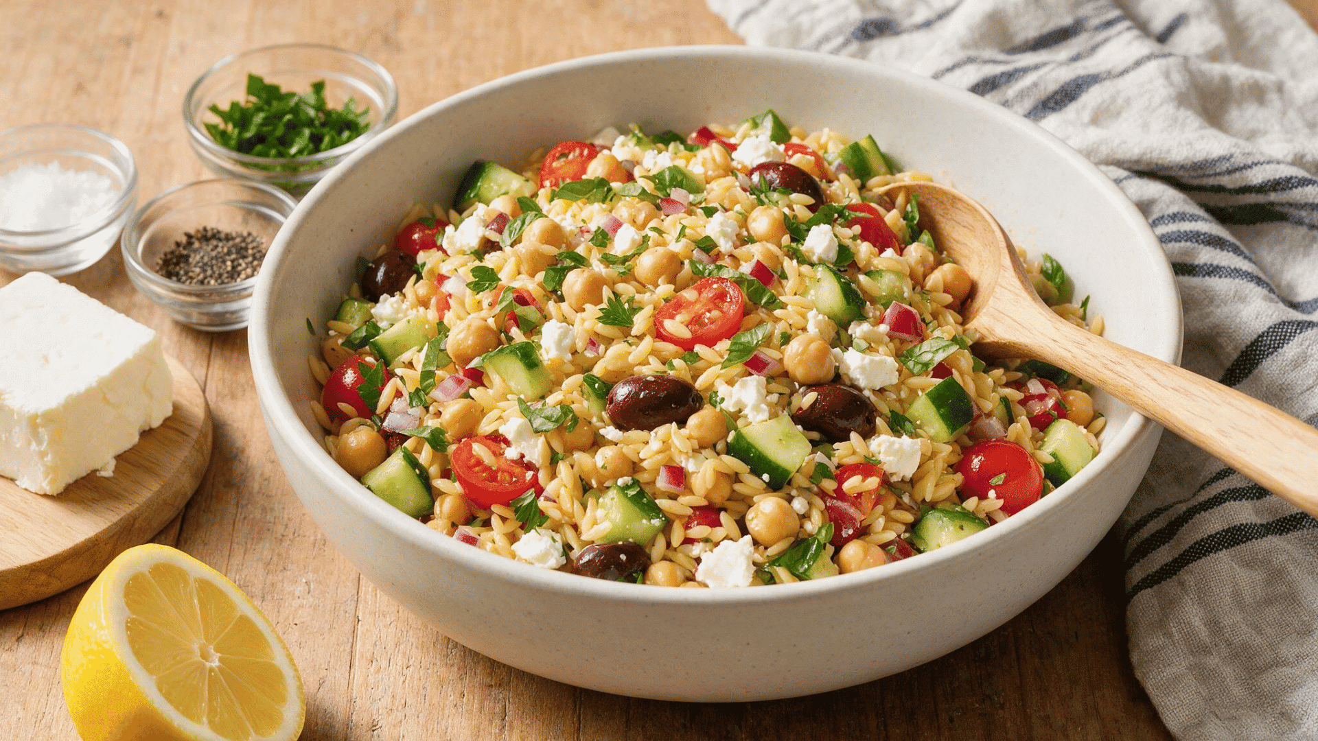 mediterranean orzo salad with chickpeas, tomatoes, cucumber, olives, and feta in a bowl