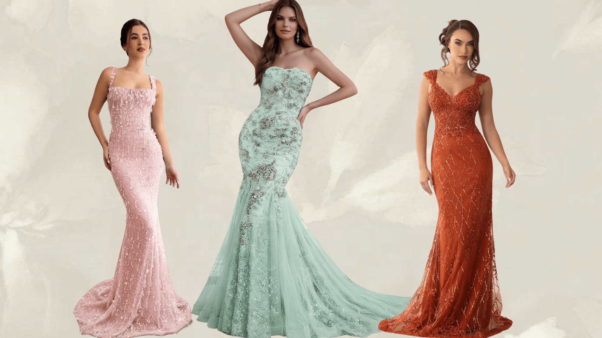 three women wearing different mermaid dress styles with fitted silhouettes and flared hems