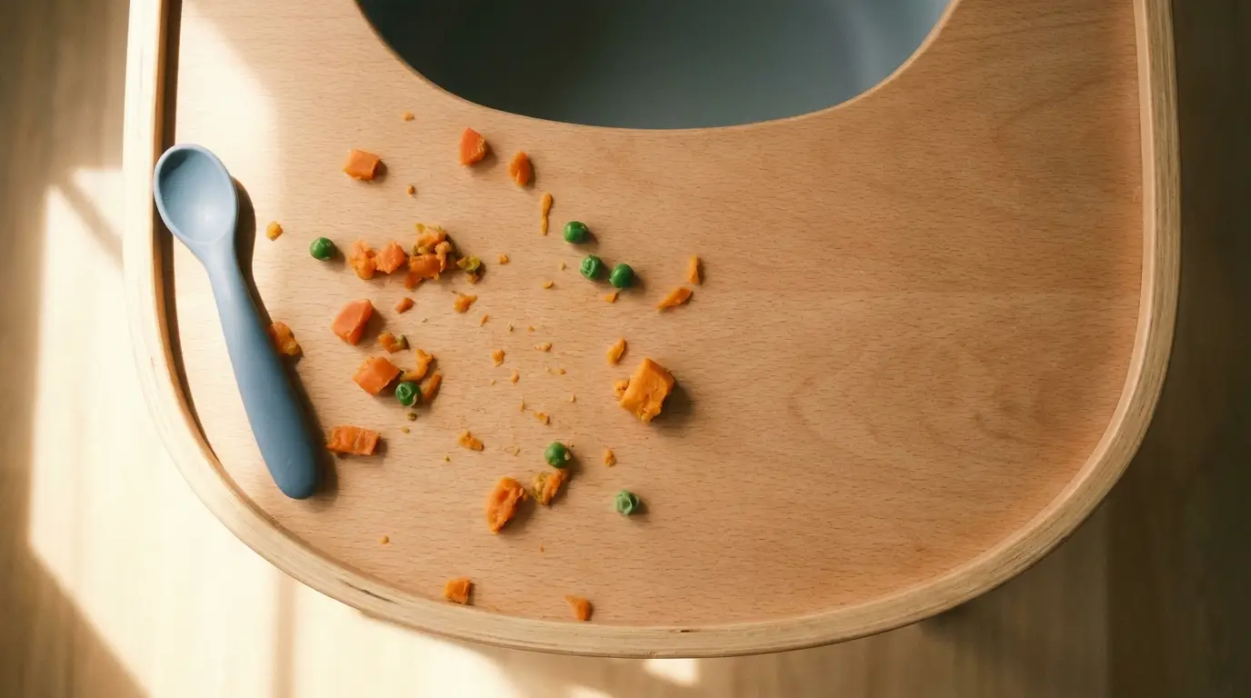 Scattered peas and carrots on wooden tray with blue spoon in natural light