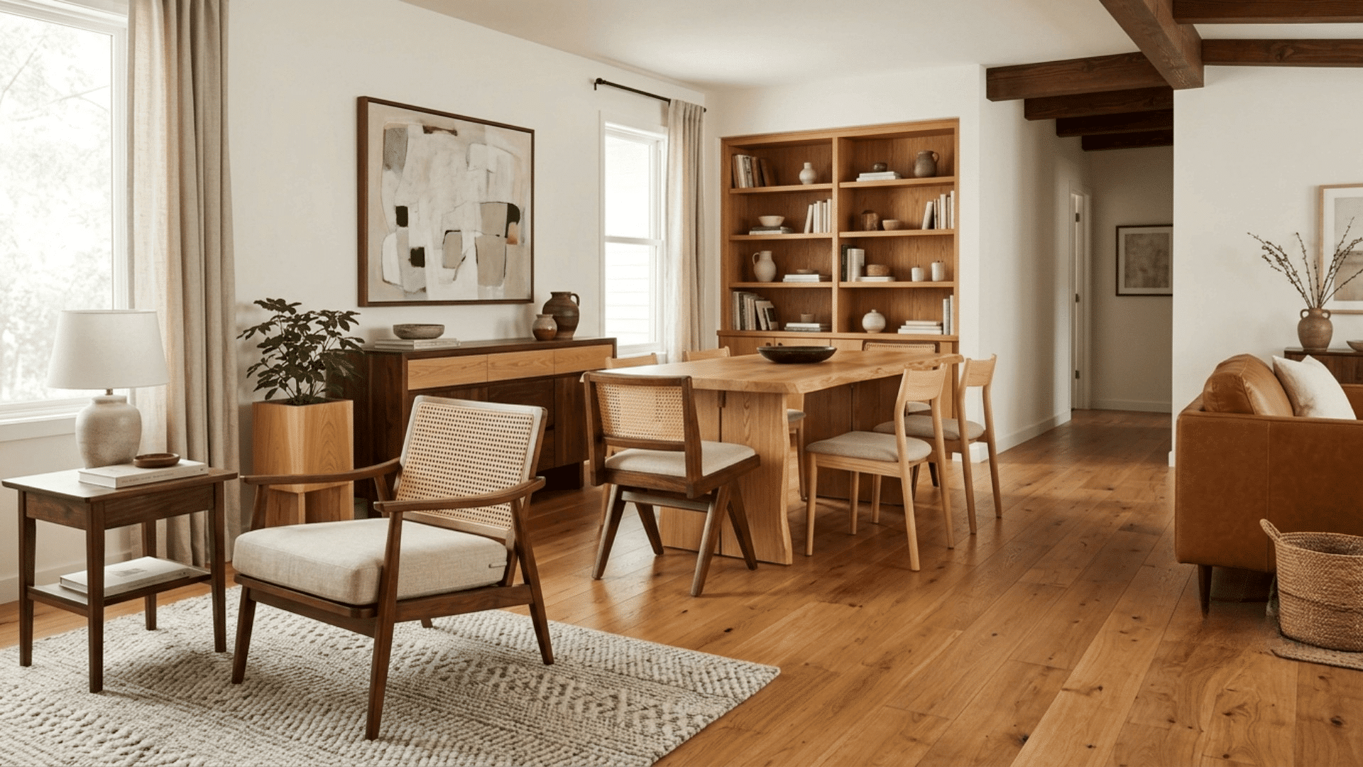 open living and dining room with wooden table woven chairs built in shelves warm wood floors and neutral decor