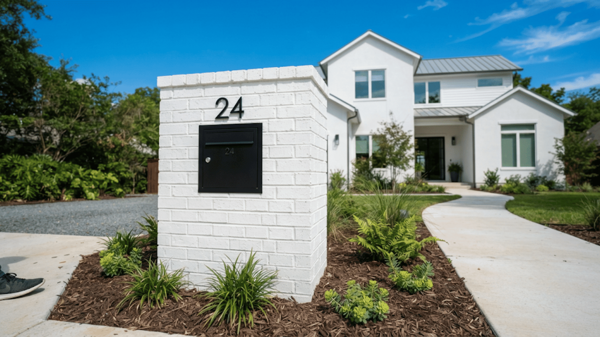 modern brick mailbox with white finish black mail slot and address number beside a landscaped contemporary home