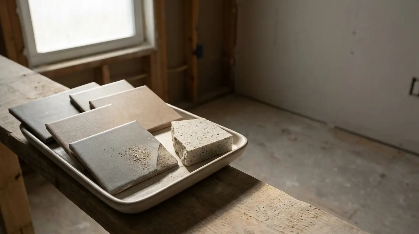 Tile samples with water droplets on wooden table near window