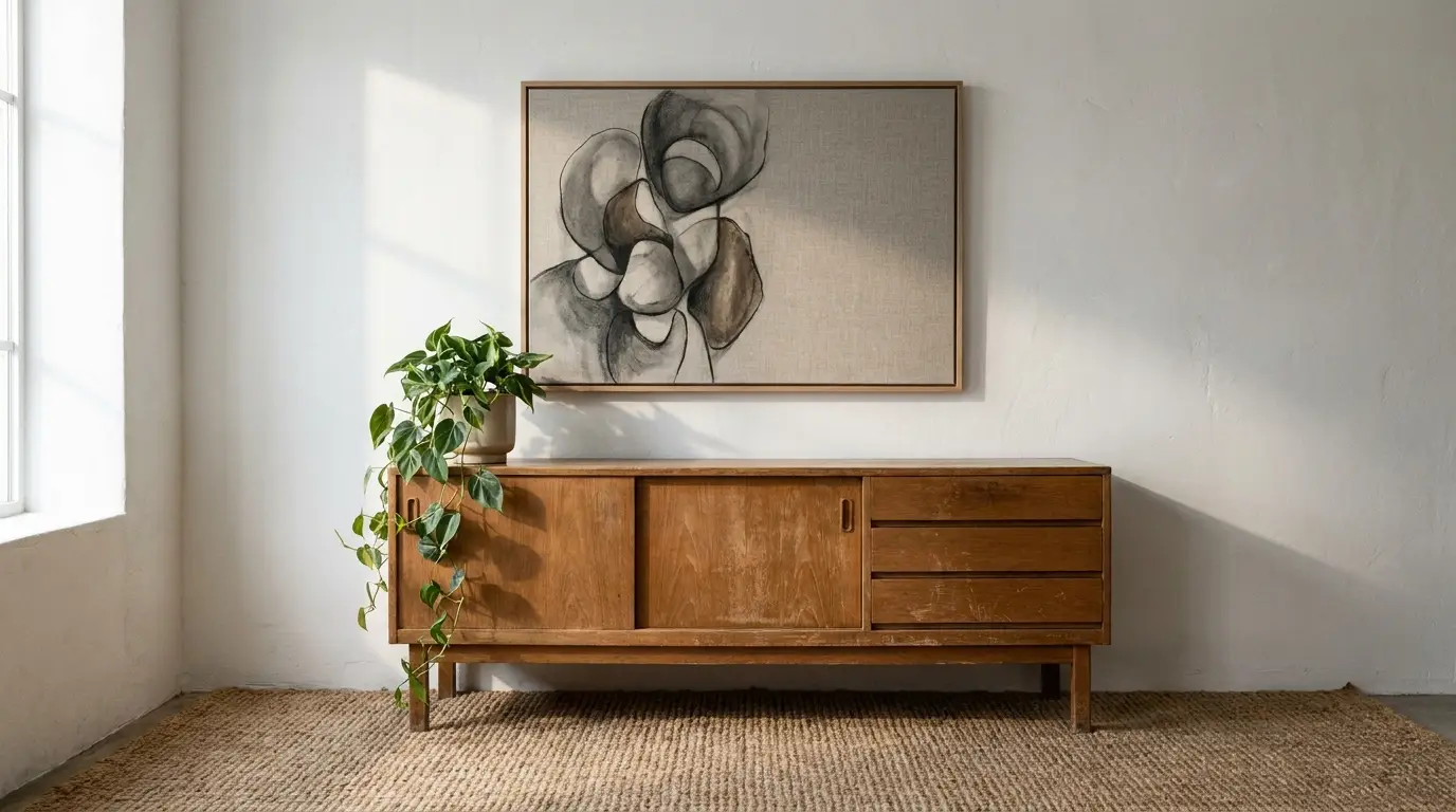 Wooden sideboard with potted plant and abstract painting on white wall in bright living room
