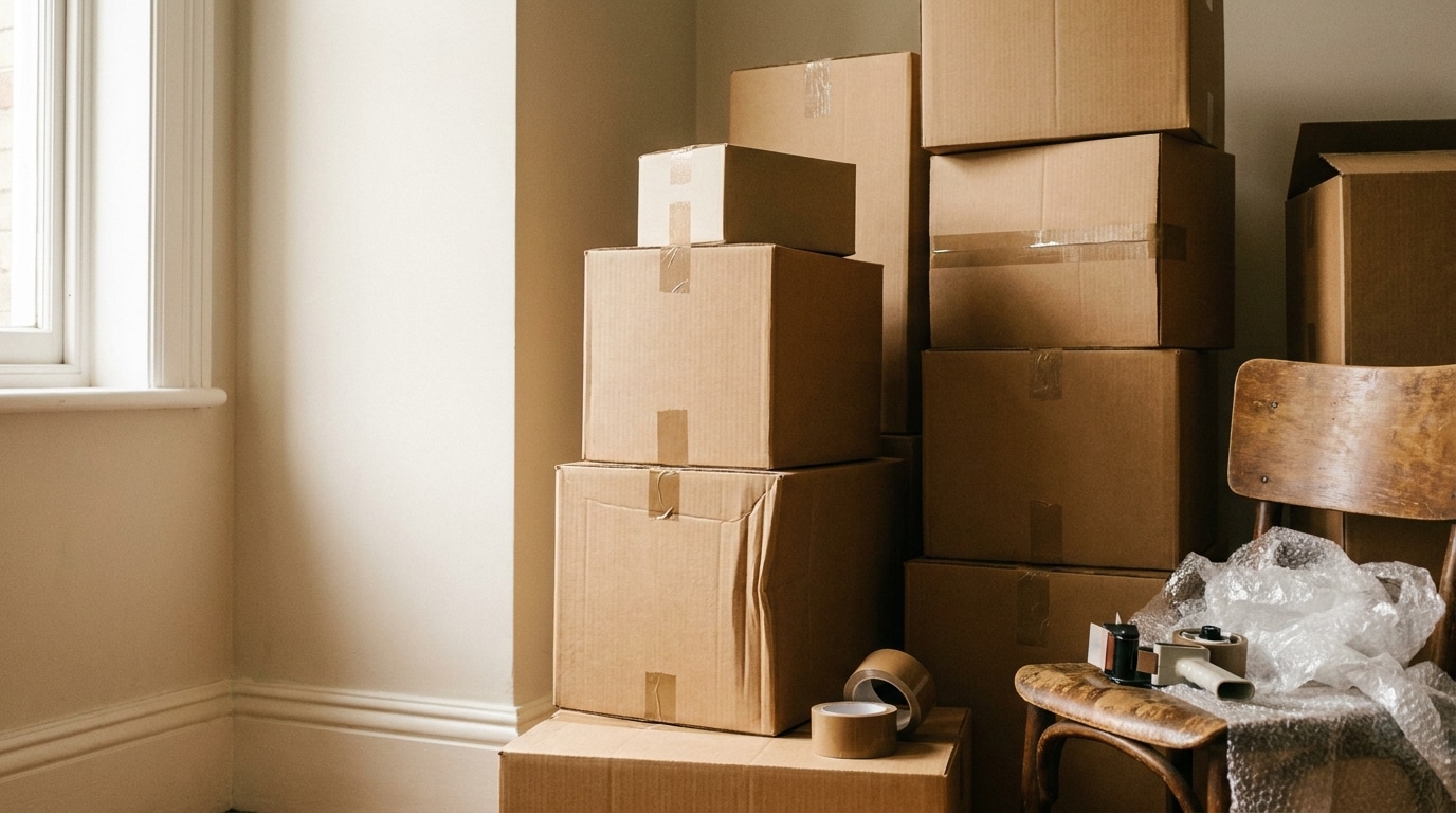 Stacked cardboard boxes and tape on a wooden chair in a bright room
