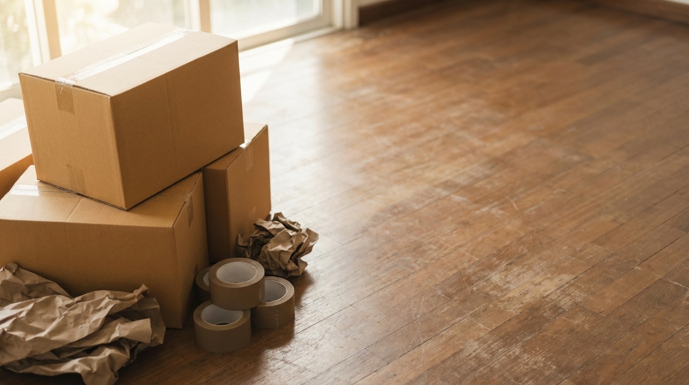 Cardboard boxes and packing materials on wooden floor in bright room