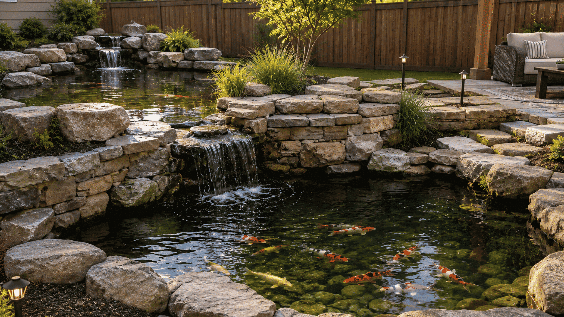 multi level koi pond with stone borders cascading waterfalls clear water and colorful koi in a landscaped backyard