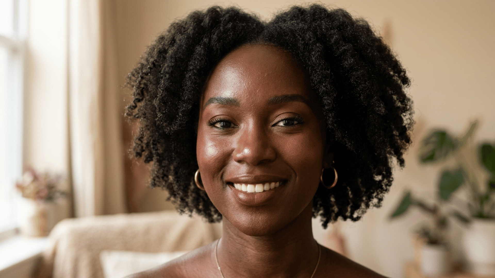 woman with deep skin wearing natural makeup with berry blush cocoa eyes and raisin nude lips