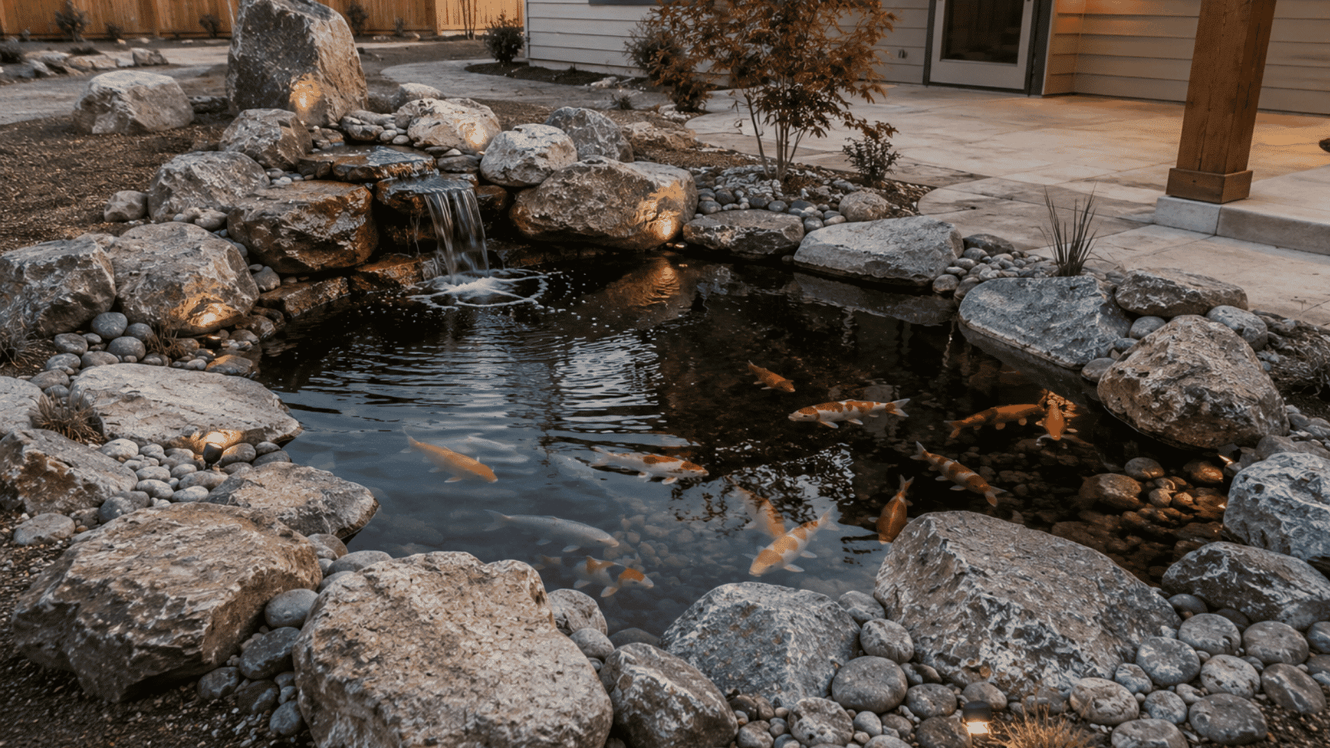 natural rock koi pond with large boulders river stones and a small waterfall beside a modern backyard patio