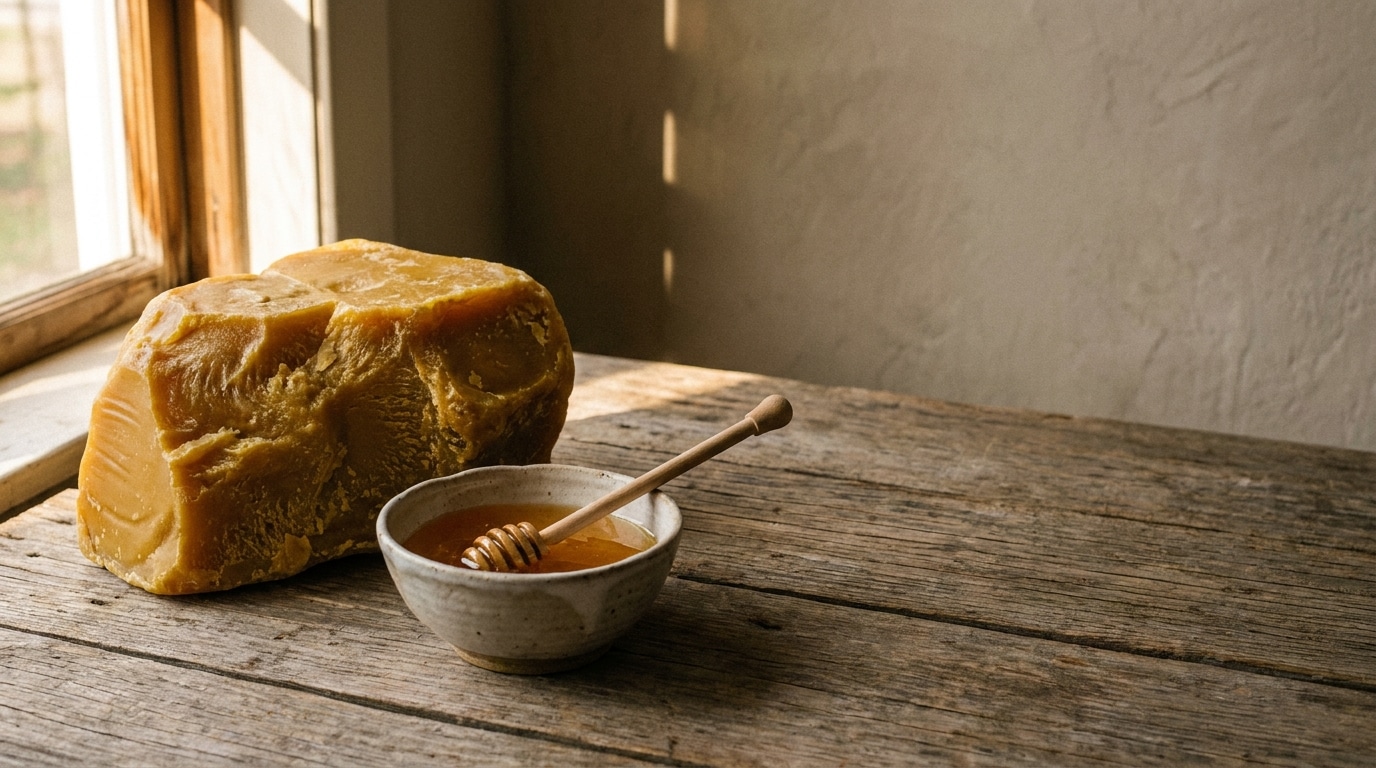 Block of beeswax and bowl of honey with dipper on rustic wooden table
