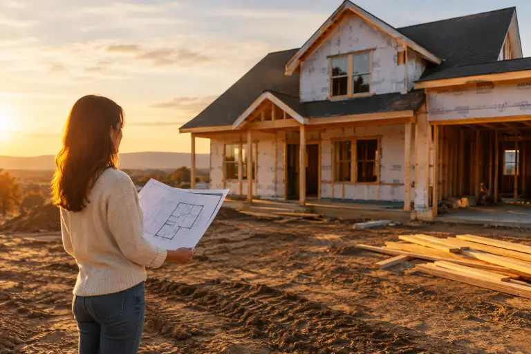Woman holding blueprints stands in front of partially constructed house at sunset