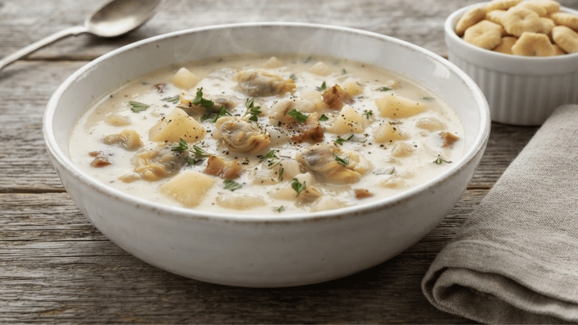 creamy new england clam chowder with potatoes bacon and herbs served alongside oyster crackers