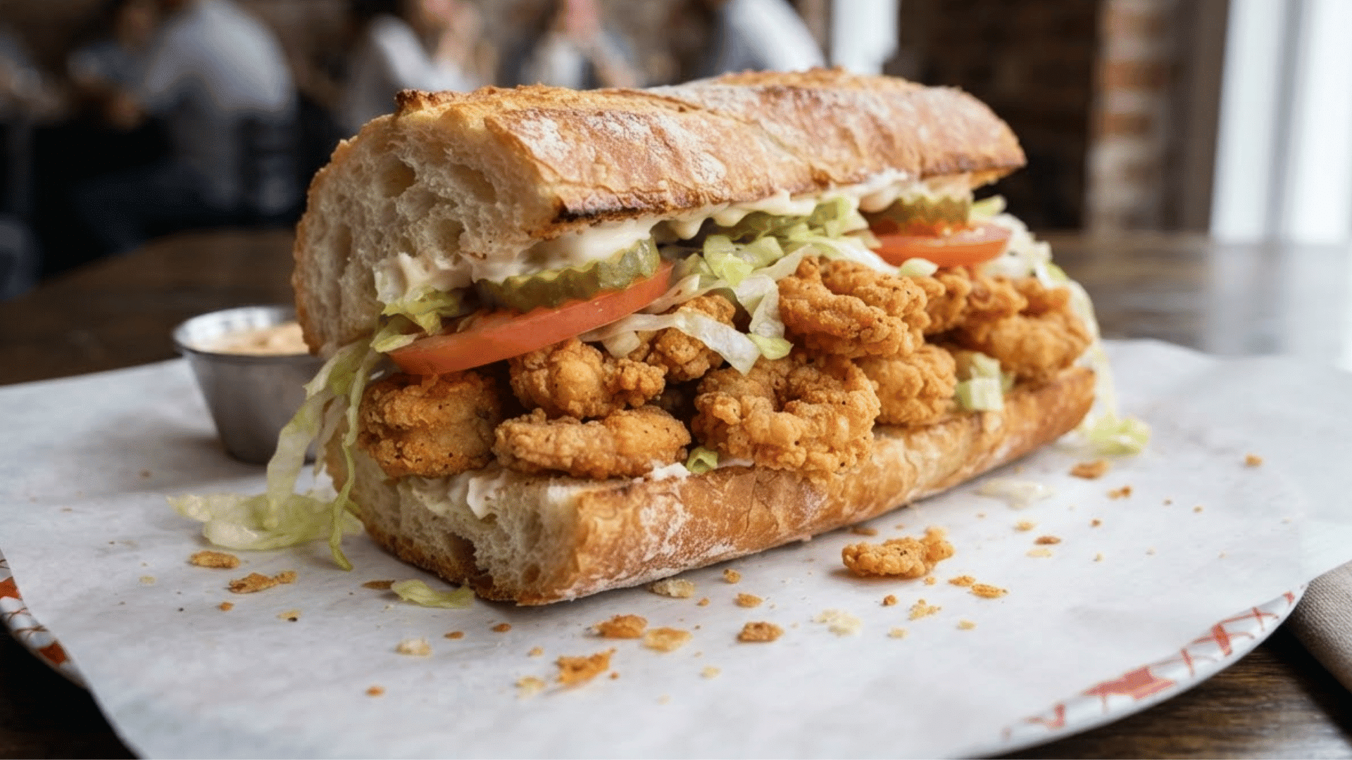 new orleans shrimp po boy filled with crispy shrimp lettuce tomato pickles and creamy sauce