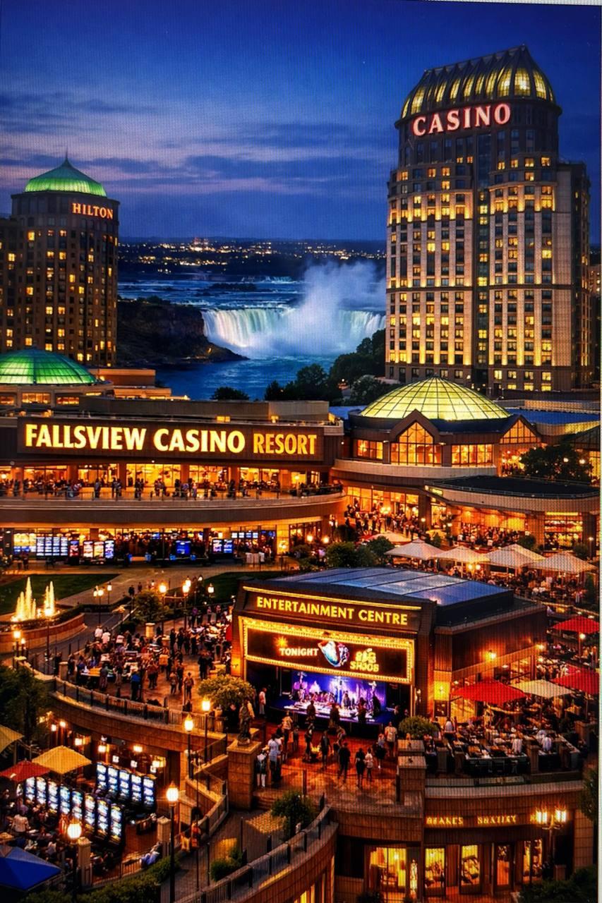 Luxury casino resort with bright lights and bustling crowds near a waterfall at dusk