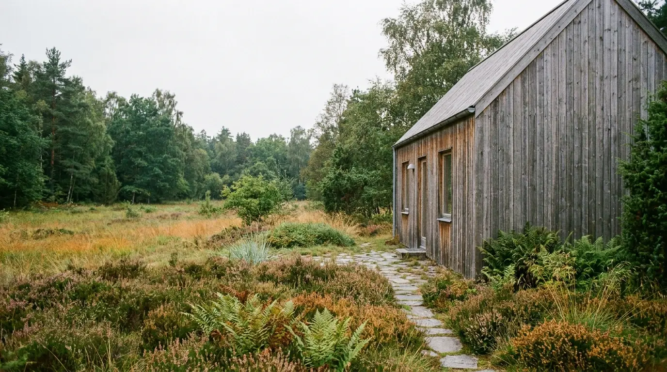 Wooden cabin in a lush forest clearing with stone pathway and dense greenery