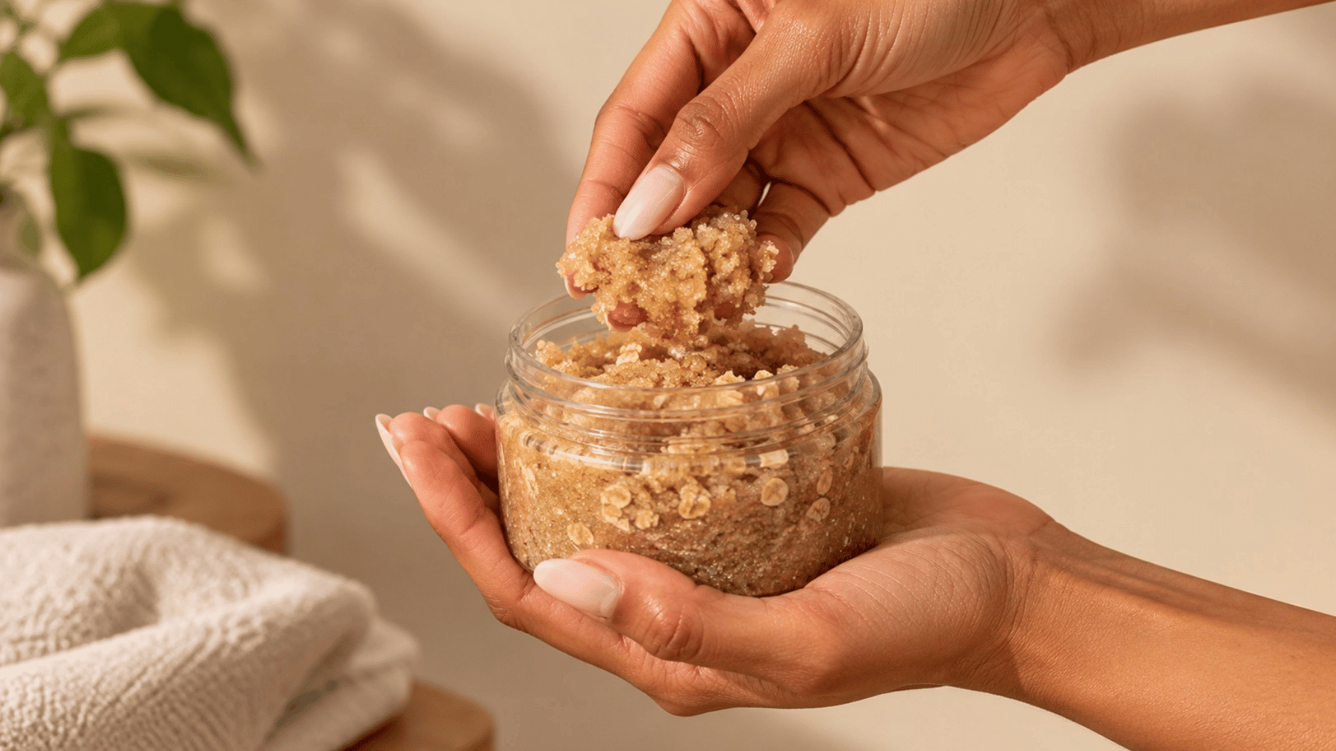 hands holding a jar of homemade sugar and oatmeal body scrub while scooping the mixture