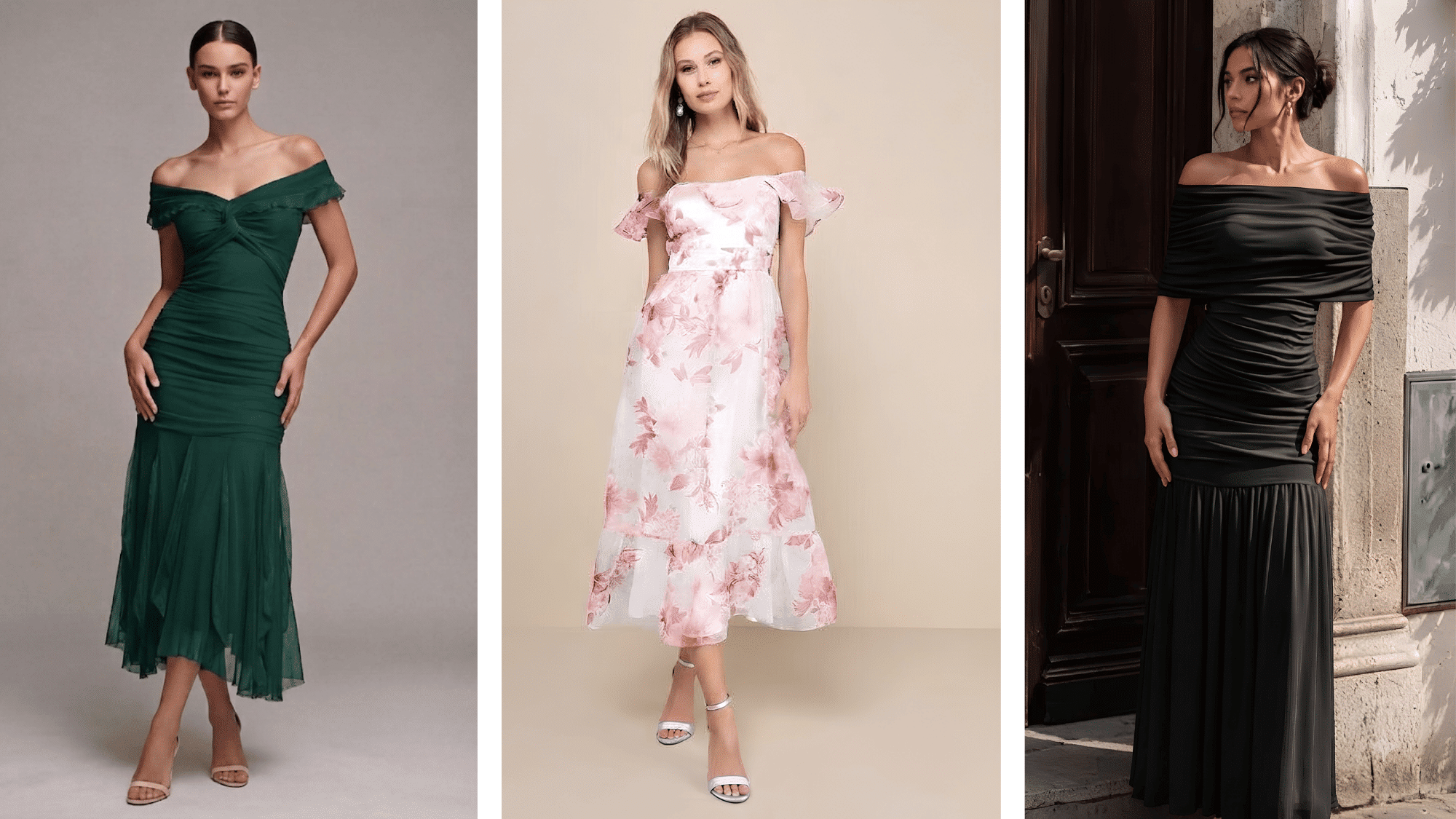 three women wearing different off shoulder dress styles with varied silhouettes and elegant details for a stylish look