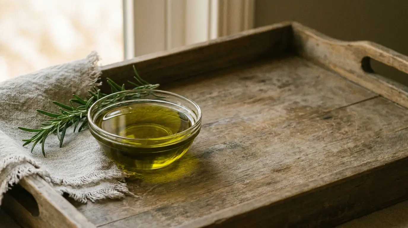 Glass bowl of olive oil on rustic wooden tray with rosemary sprigs