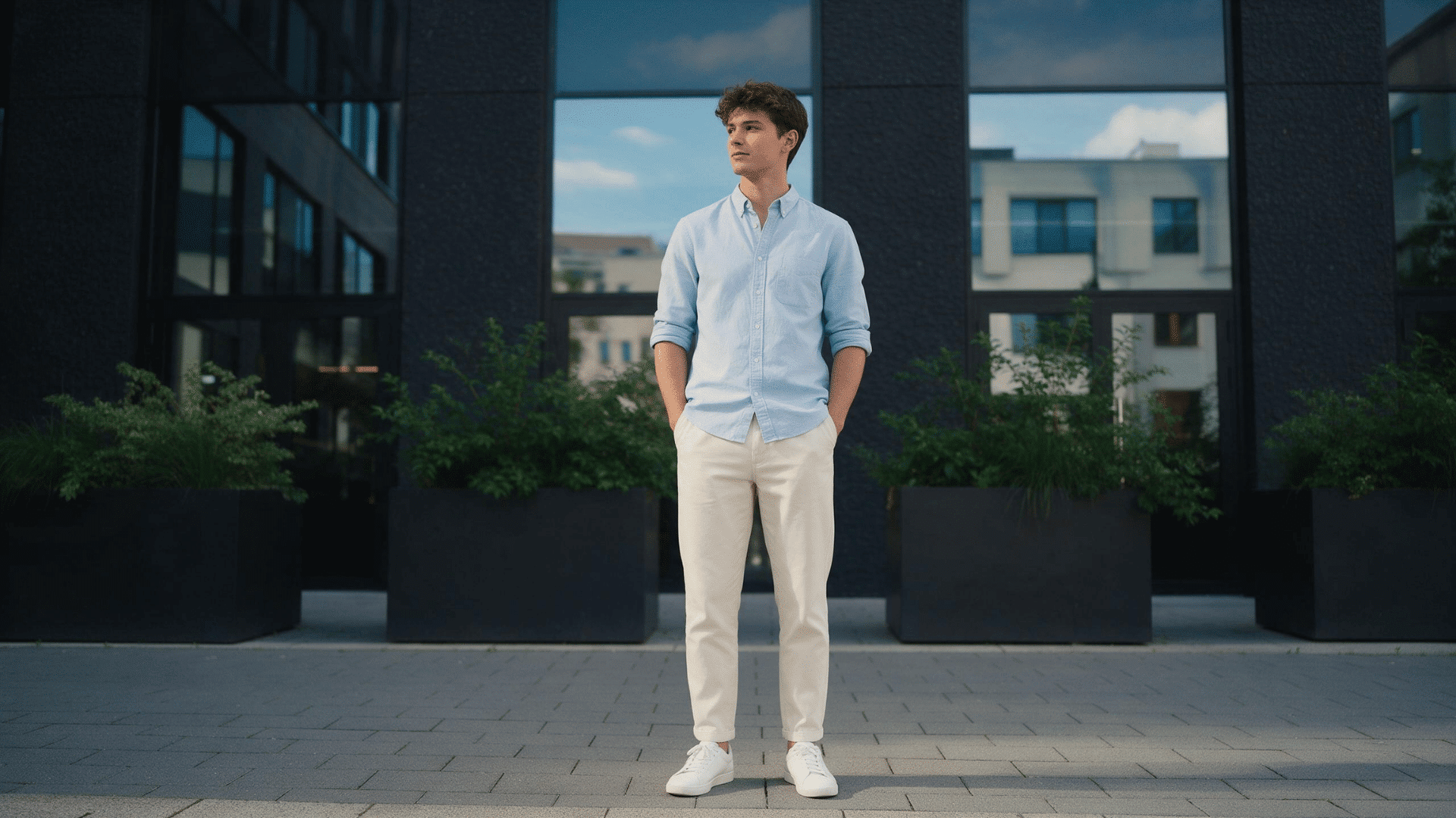 man wearing a light blue oxford shirt with cream chinos and white sneakers outside a modern office building