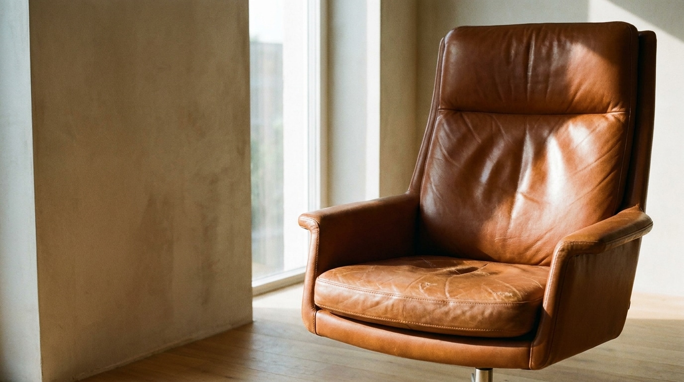 Brown leather armchair in sunlit room with wooden floor and large window
