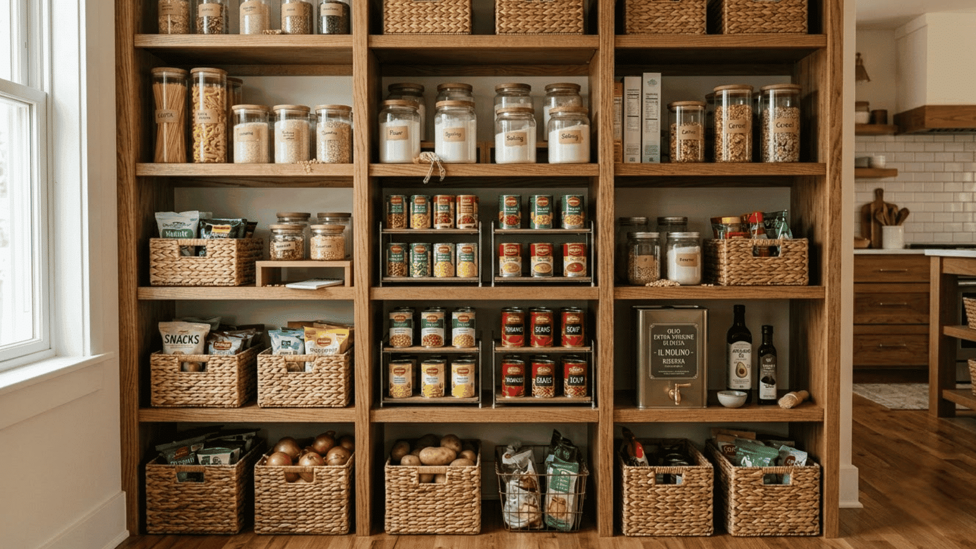 organized kitchen pantry with clear containers baskets canned foods snacks and neatly arranged storage shelves