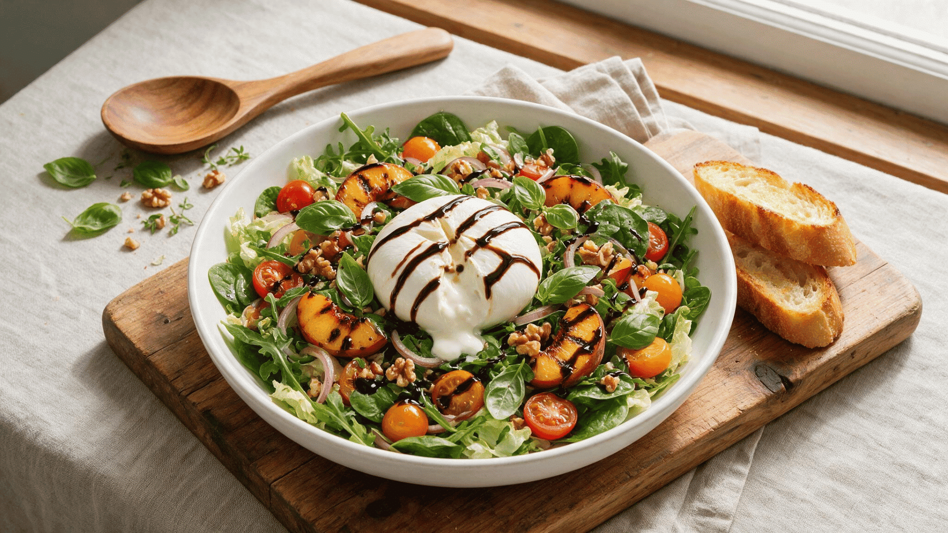 large burrata cheese drizzled with balsamic glaze on mixed greens with grilled peaches tomatoes walnuts basil and toast slices
