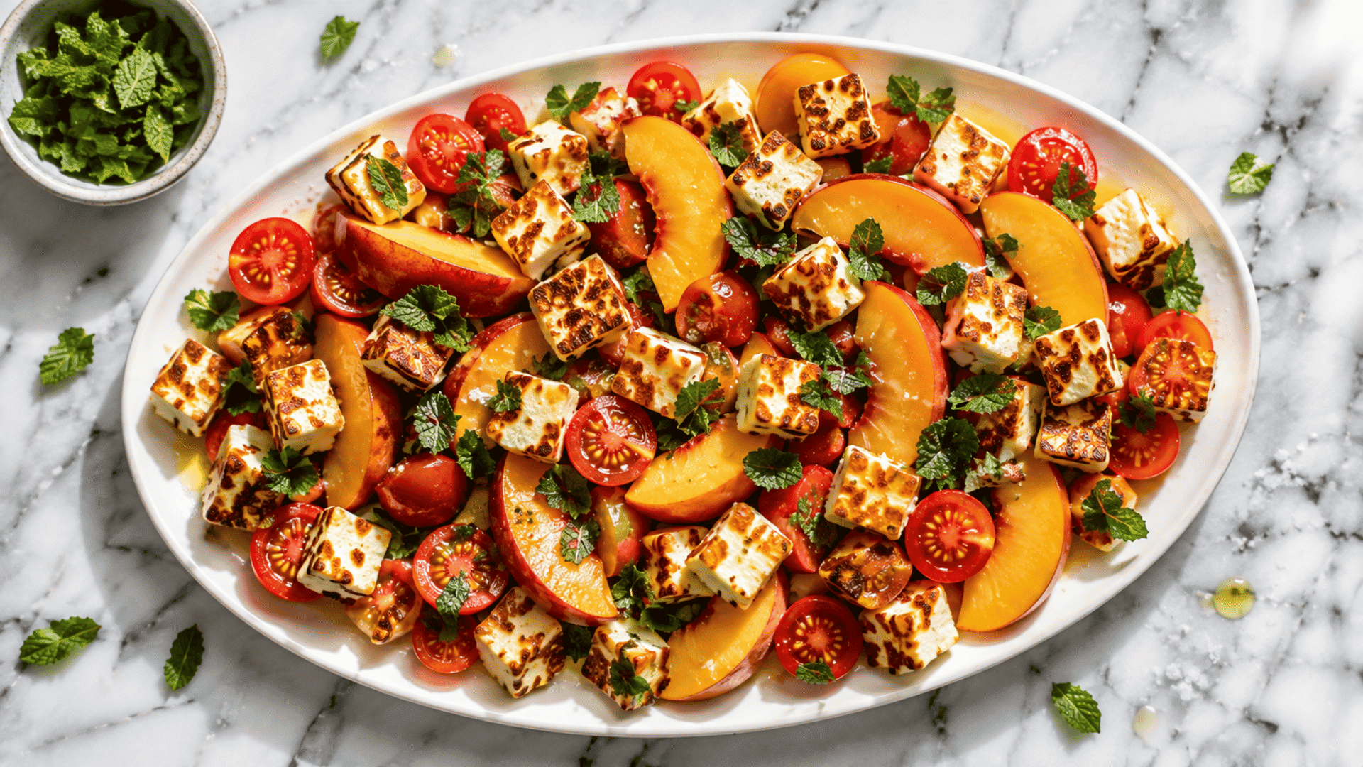 overhead view of peach halloumi salad with grilled cheese cherry tomatoes fresh mint and olive oil on marble tabletop
